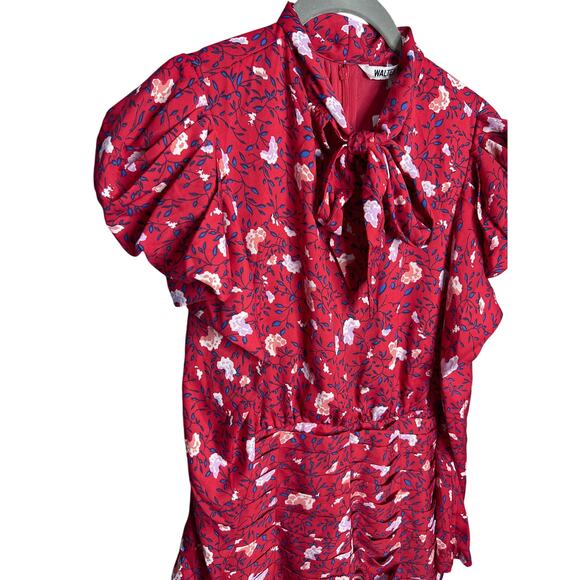NWT Walter Baker Kiara Tie Neck Ruched Floral-Print Crepe De Chine Mini Dress - Picture 4 of 6